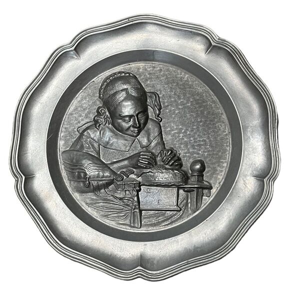 German Pewter Zinn Plate The Seamstress Wall Decor Hanging Marked Angel Horn - Picture 1 of 11
